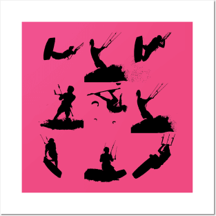 Kitesurf Silhouette Photo Montage Black Pattern Posters and Art